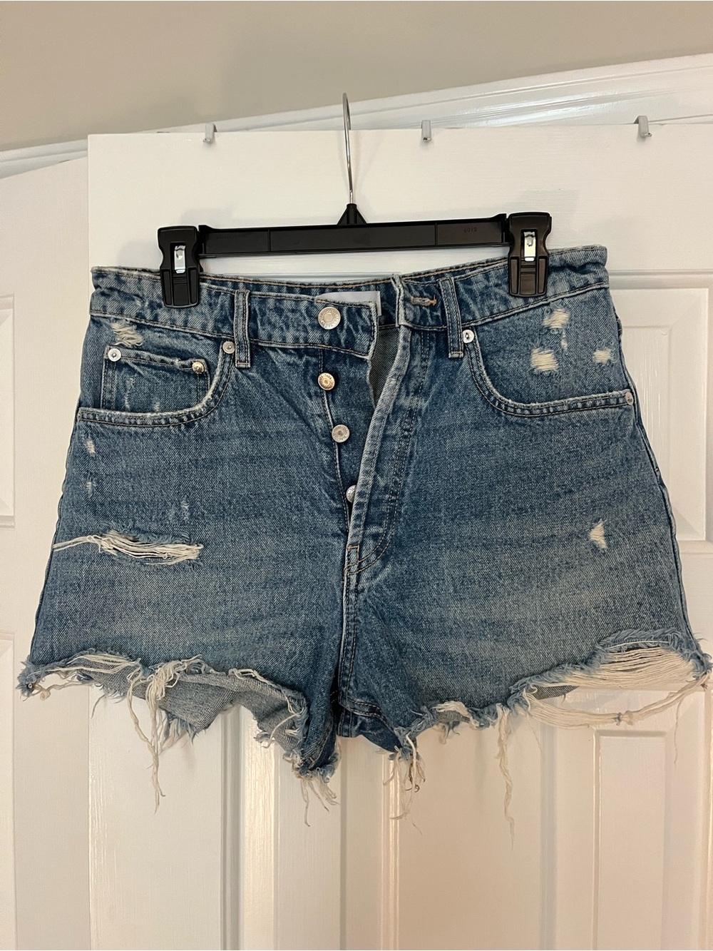 Zara Distressed Button-Fly Denim Shorts - Blue